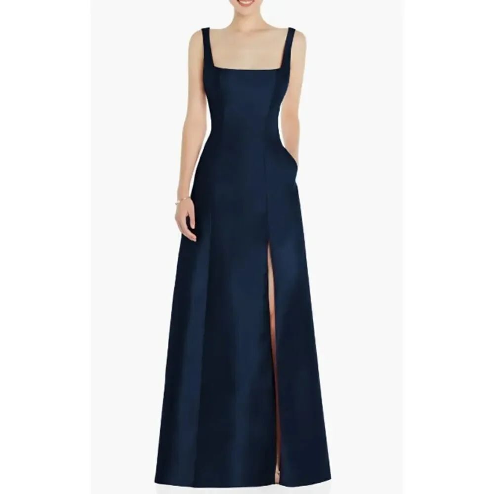 Alfred Sung Maxi Gown Women's 14R Navy Blue Square Neck Satin A-Line Sleeveless